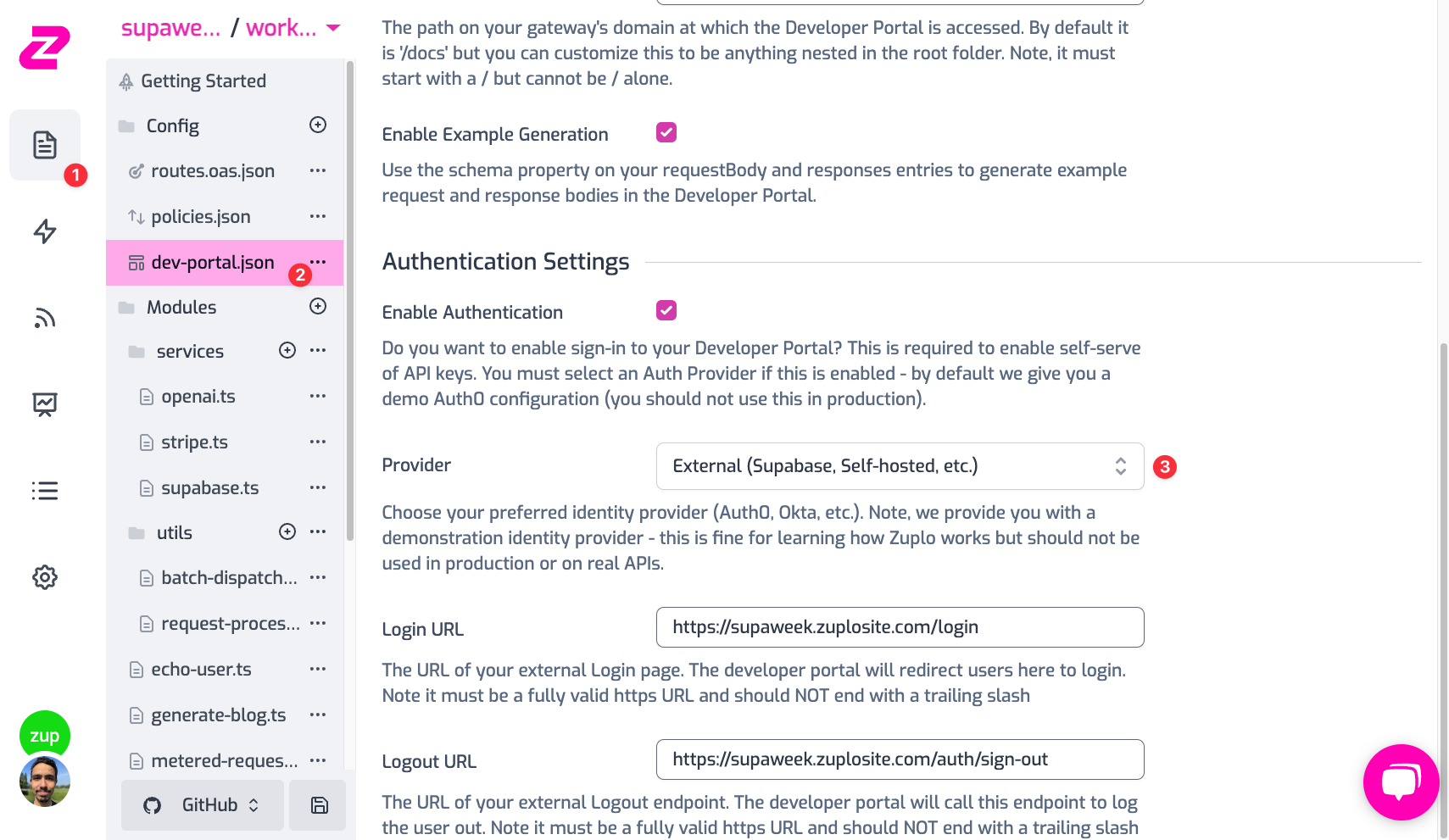 Dev Portal Auth Settings