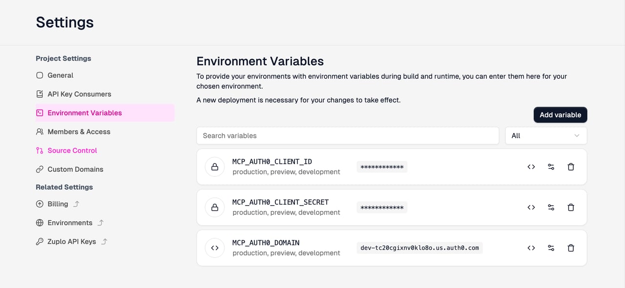 The three MCP_AUTH0 environment variables in project settings