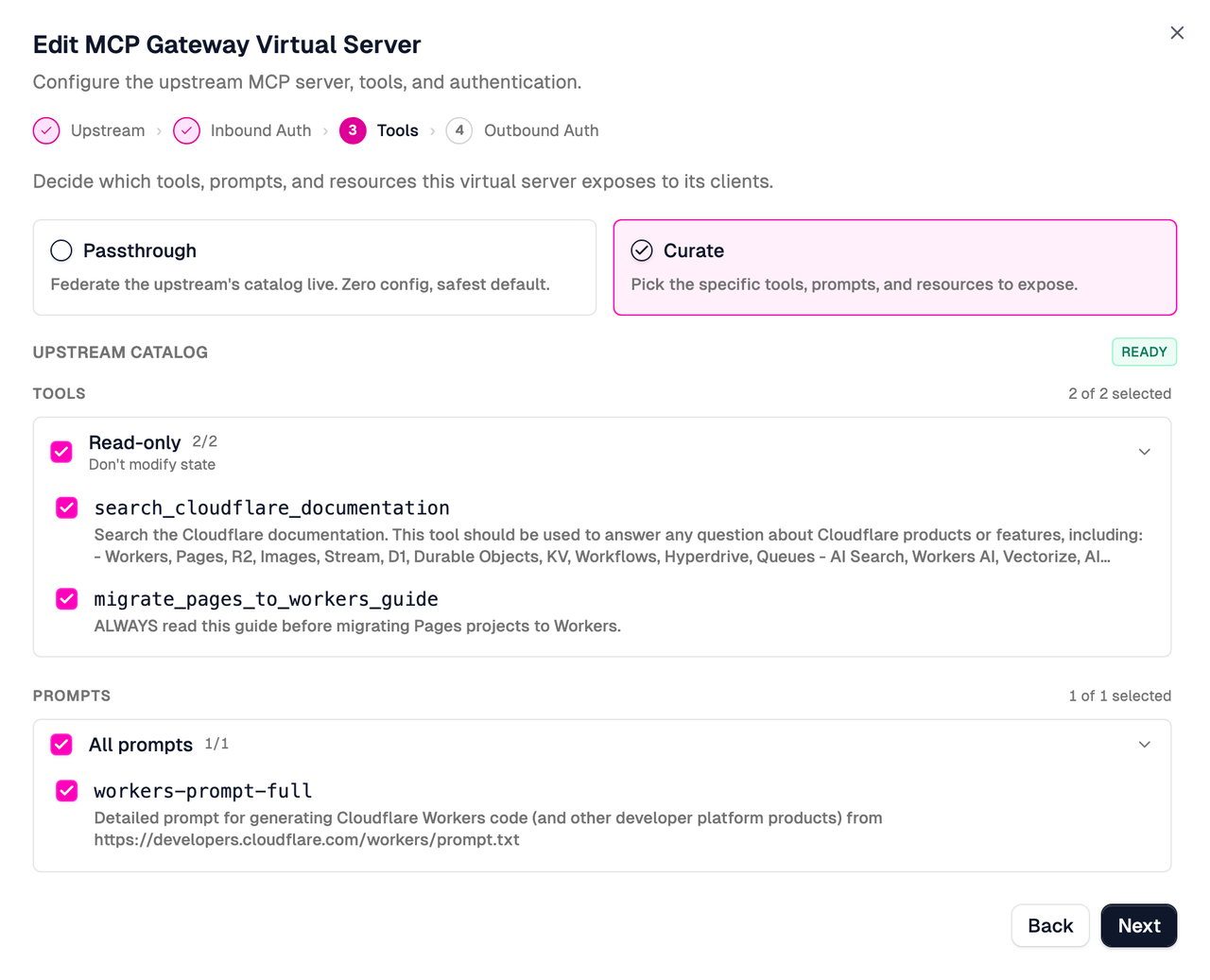 Curate the upstream catalog by selecting tools to expose
