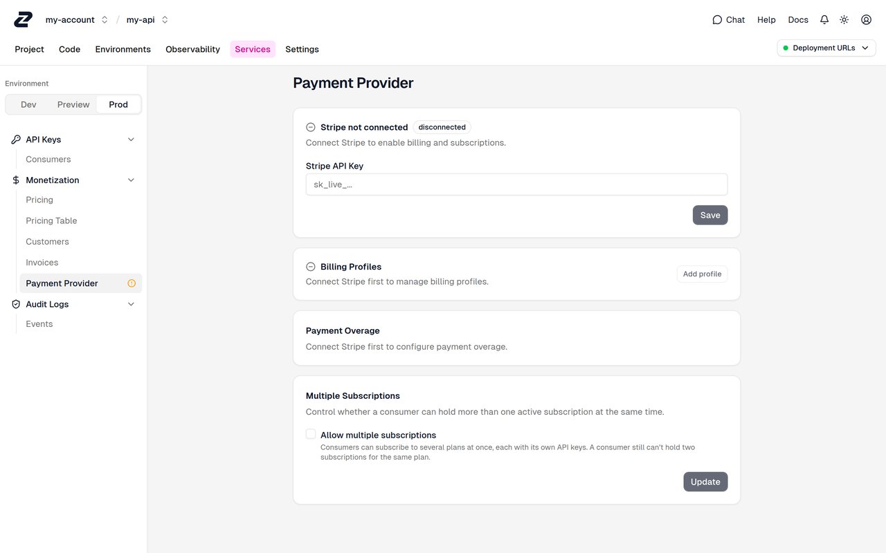 Zuplo Portal Monetization Service with the Prod environment selected and the Payment Provider tab open, showing the disconnected Stripe card, Stripe API Key field with Save button, Billing Profiles, and Payment Overage sections
