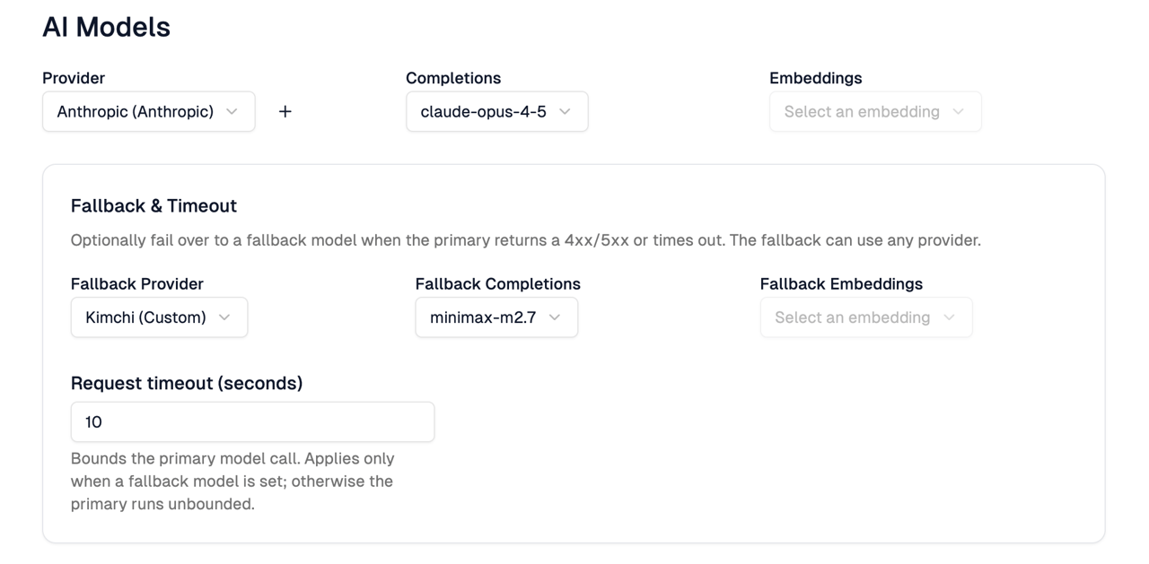 The Fallback & Timeout section of the app Settings tab, showing the Fallback Provider, Fallback Completions, Fallback Embeddings, and Request timeout fields