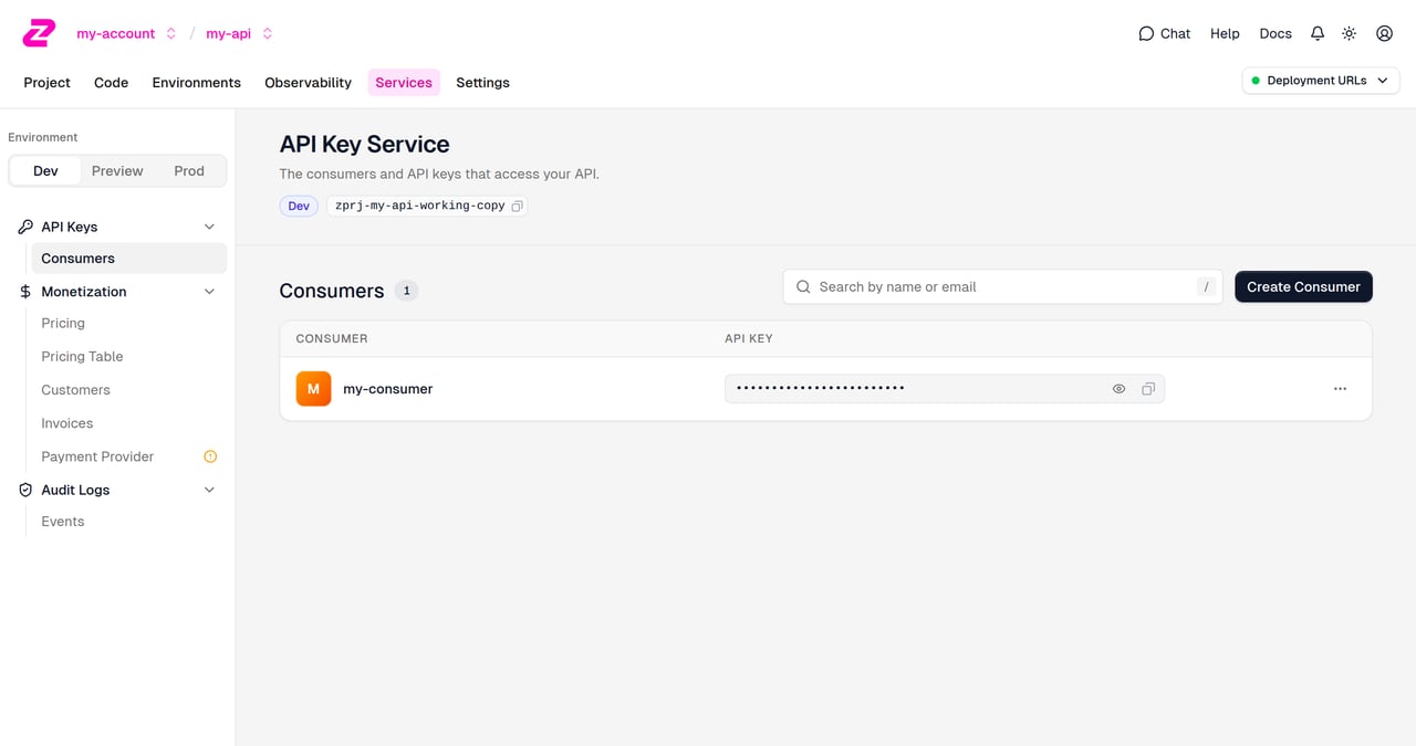 The API Keys → Consumers page in the Services section
