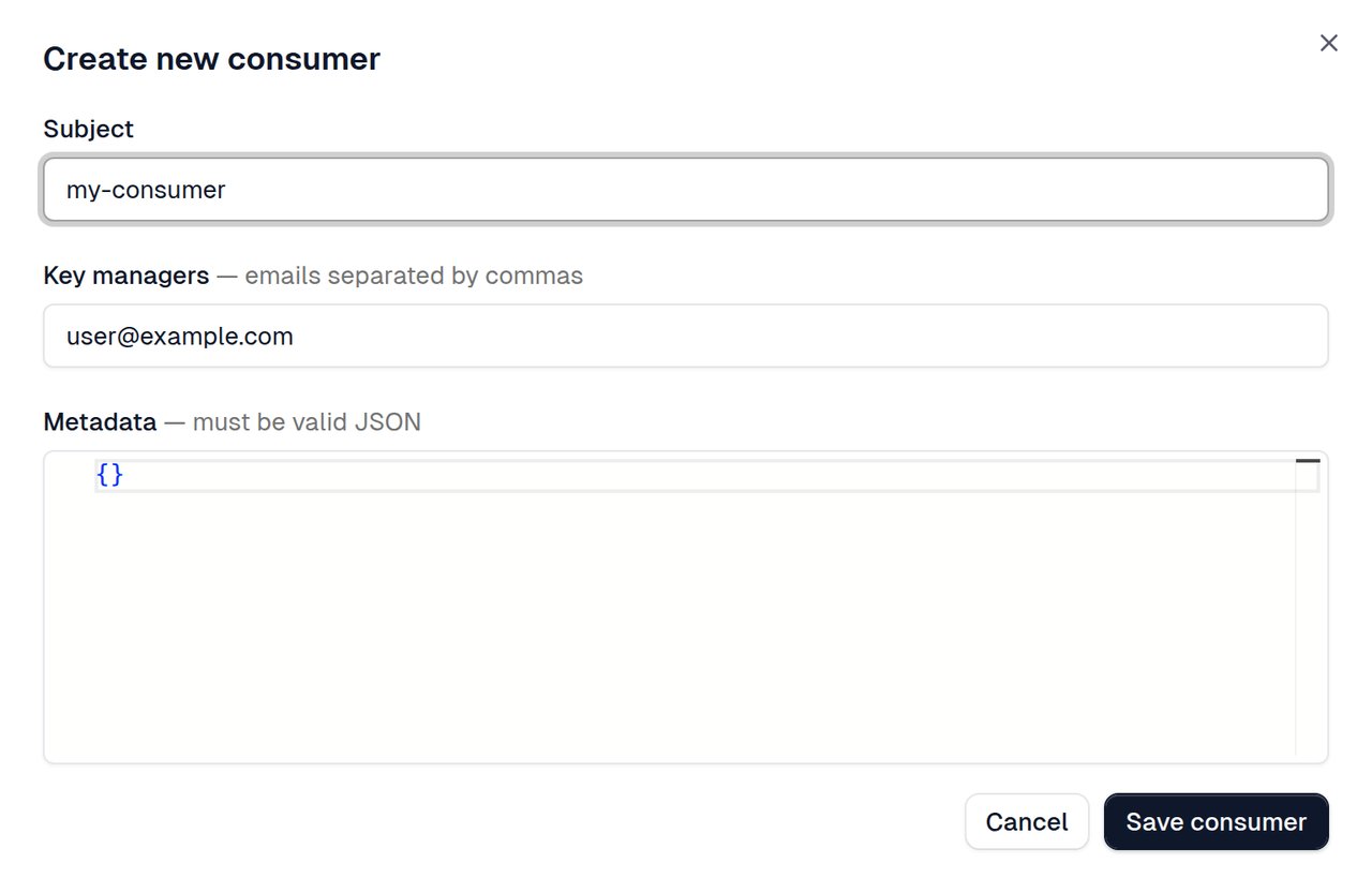 Create new consumer modal showing Subject, Key managers, and Metadata fields plus the Save consumer button