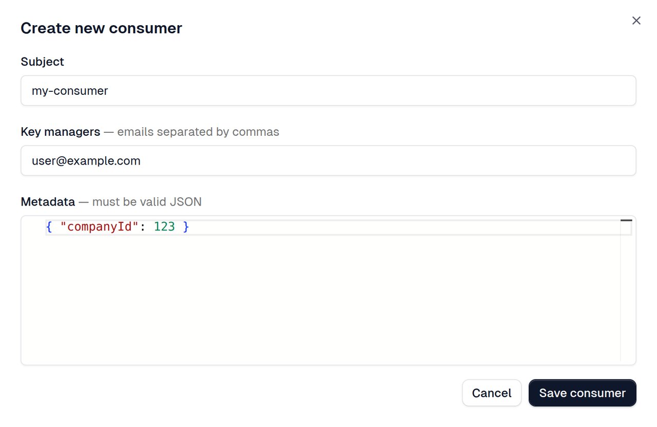 Create new consumer modal showing Subject, Key managers, and Metadata fields plus the Save consumer button