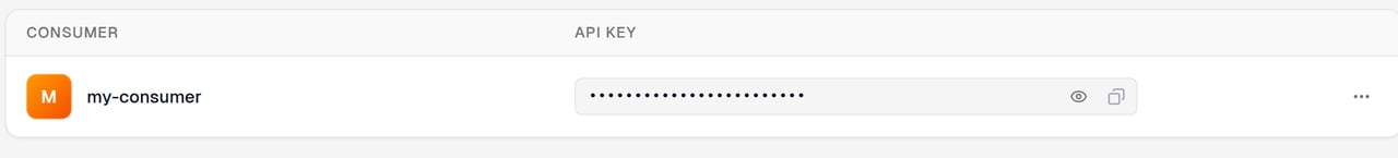 A consumer row with icons to view and copy its API key