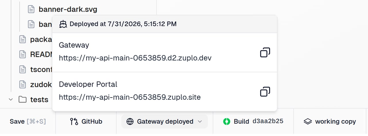 Developer portal menu