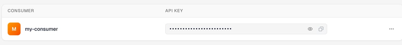 A consumer row with icons to view and copy its API key