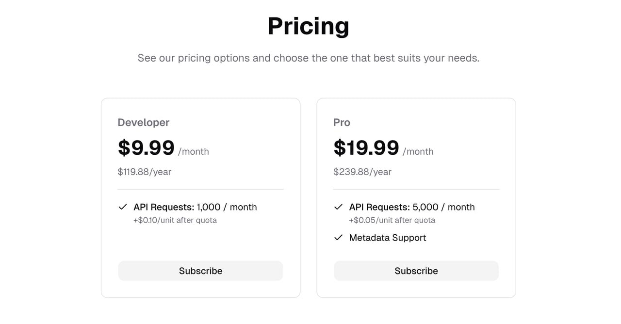 The final pricing table that this quickstart creates