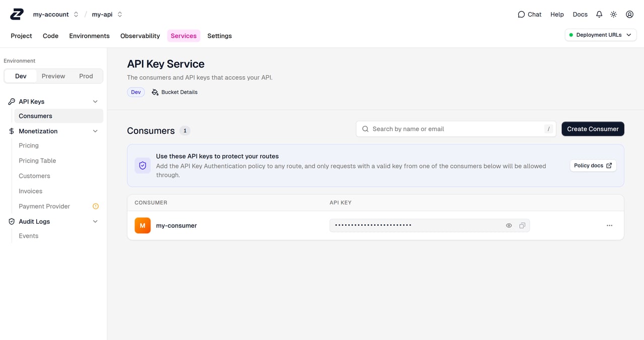 The API Keys → Consumers page in the Services section, with the sidebar showing API Keys, Monetization, and Audit Logs, and the environment switcher set to Dev