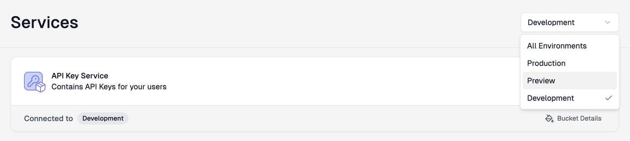 Services page with the environment dropdown open, showing All Environments, Production, Preview, and Development options