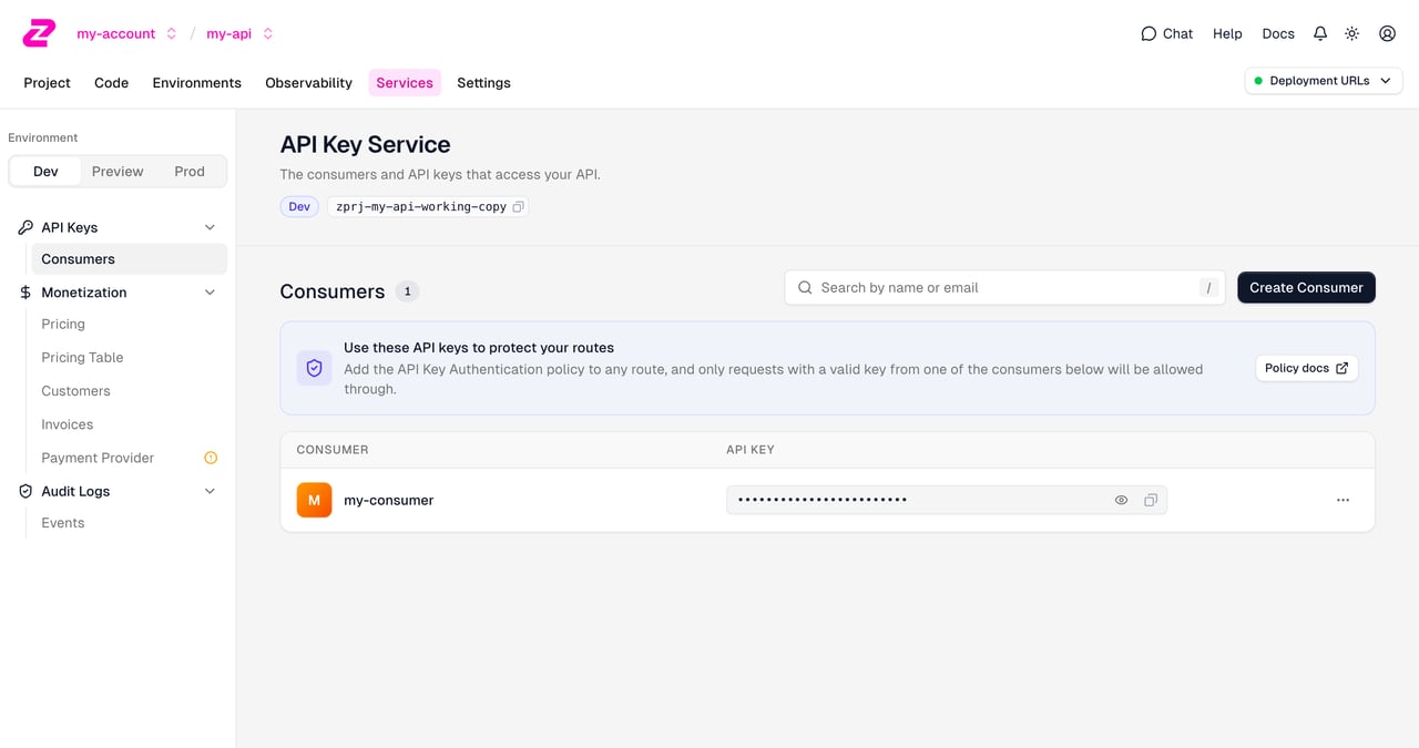 The API Keys → Consumers page in the Services section, with the sidebar showing API Keys, Monetization, and Audit Logs, and the environment switcher set to Dev