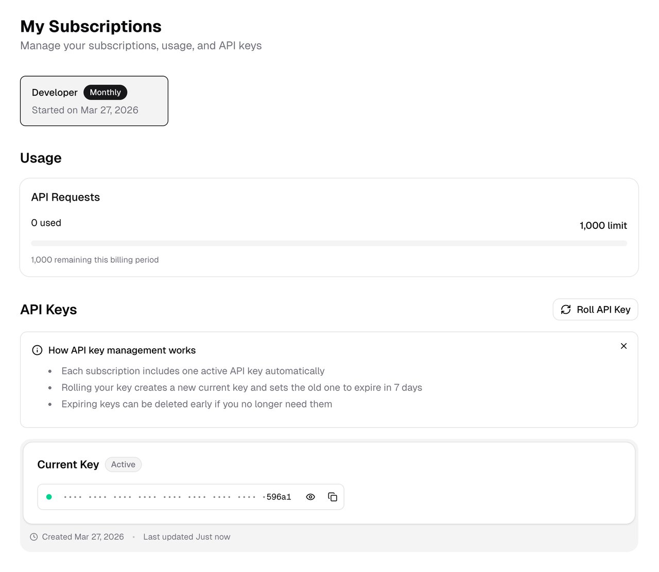 The subscription page in the Developer Portal