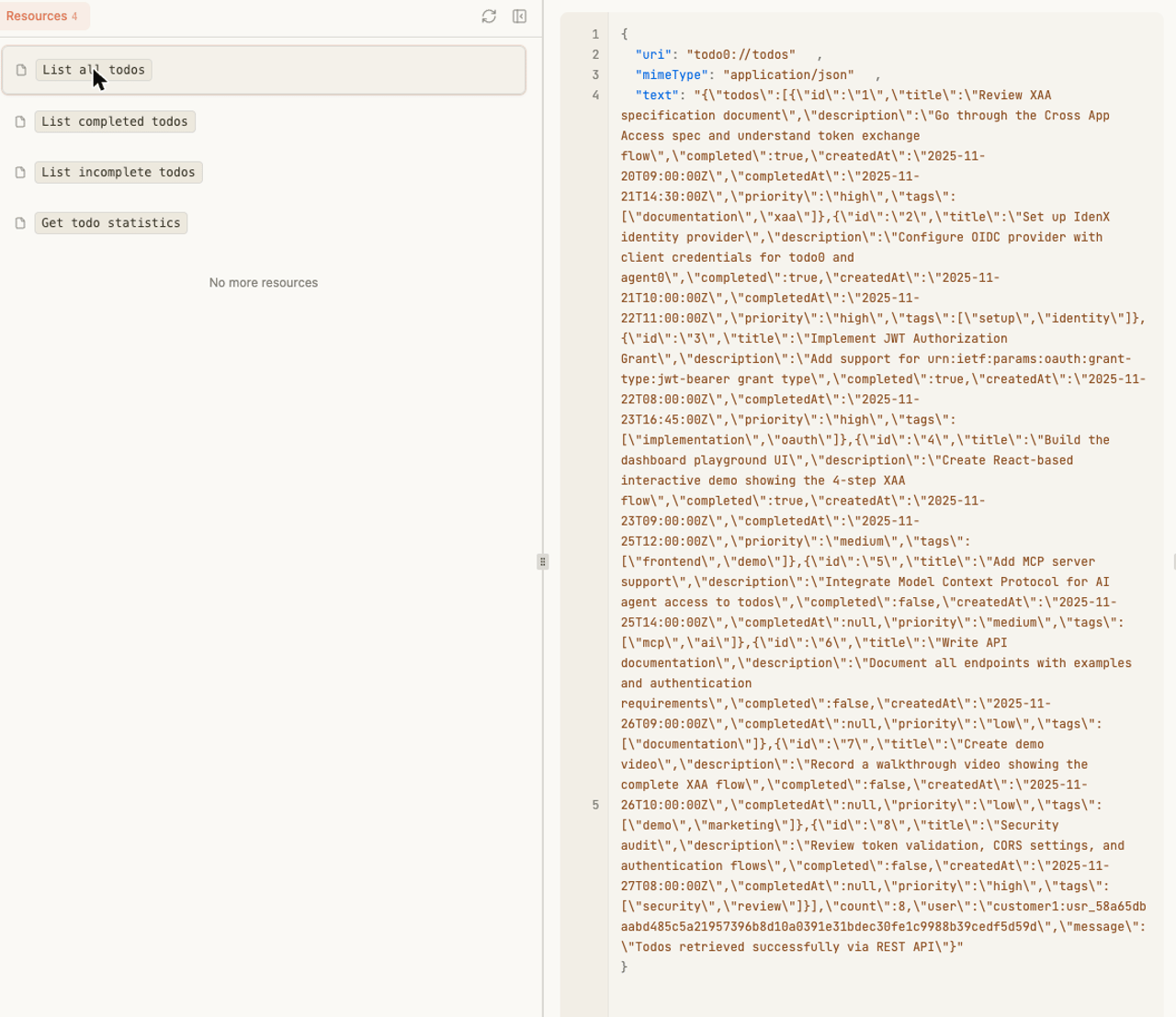 Todo0 resources and todos returned through the gateway in MCP Jam