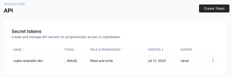 The OpenMeter Dashboard showing the secret token section for API key creation
