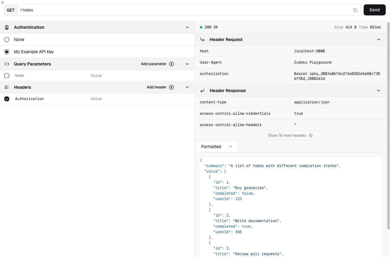 A successful API request using a preset API key in the API playground