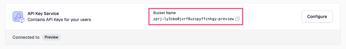 The Zuplo API Key Service bucket name in the Services section of a Zuplo project