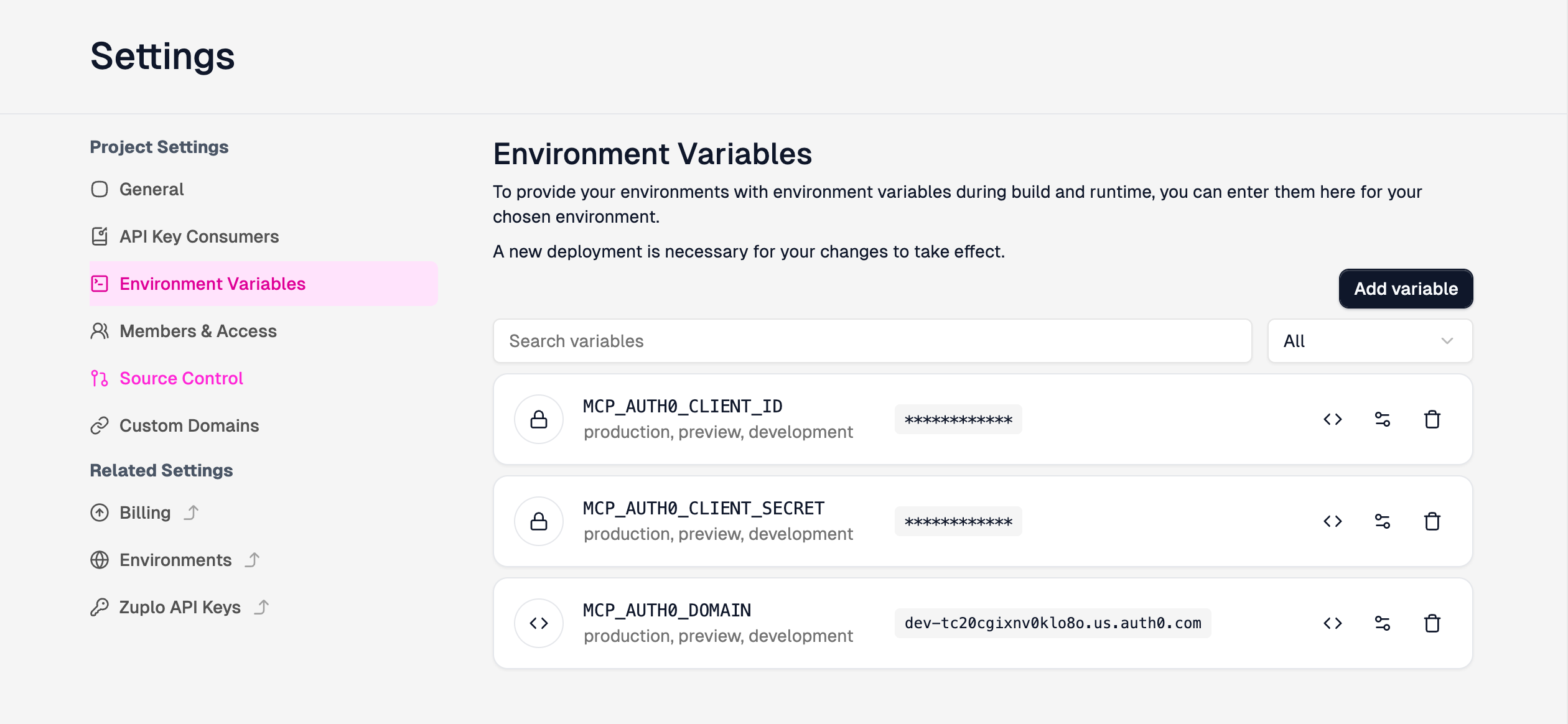 The three MCP_AUTH0 environment variables in project settings