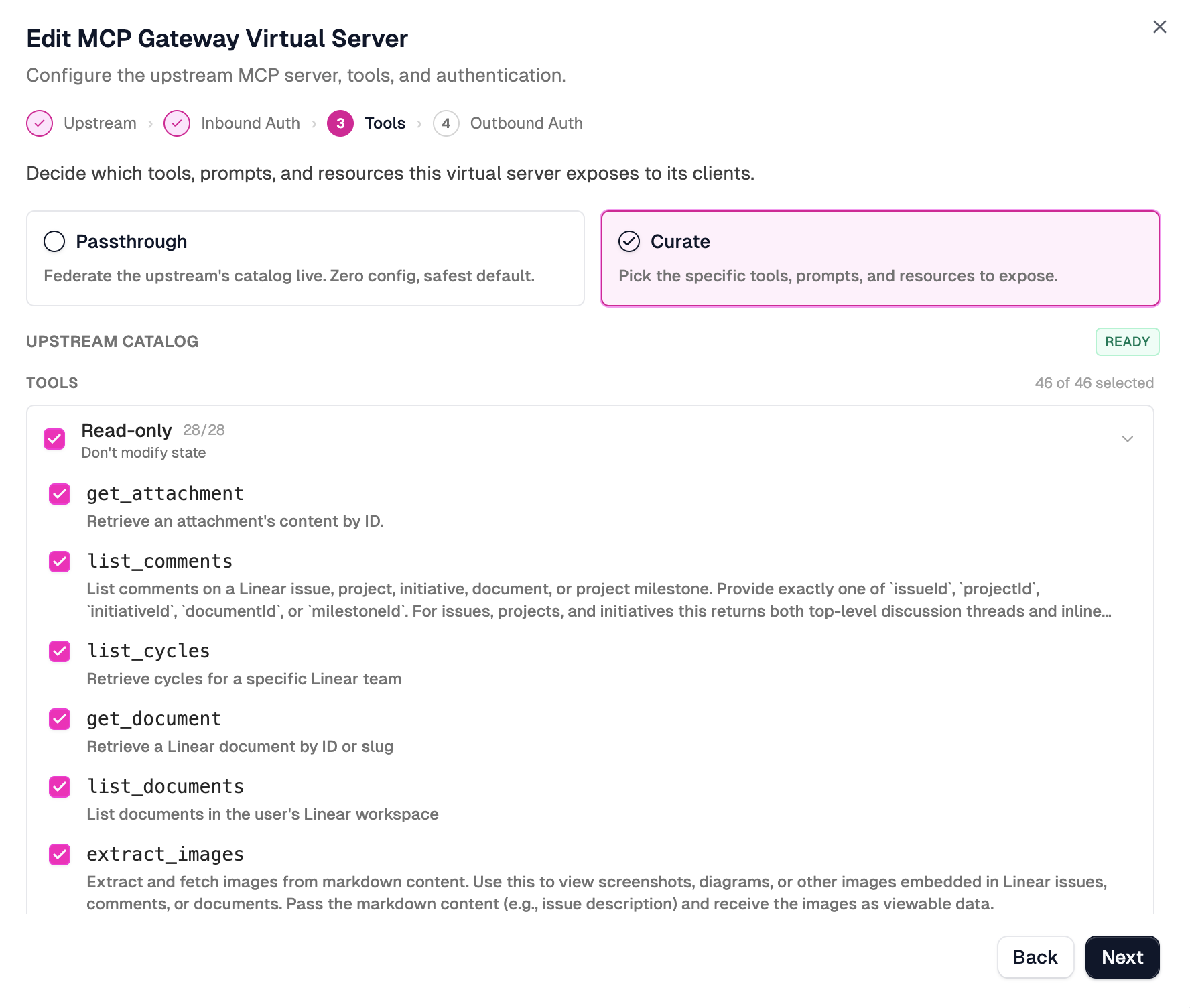 Curate the upstream catalog by selecting tools to expose