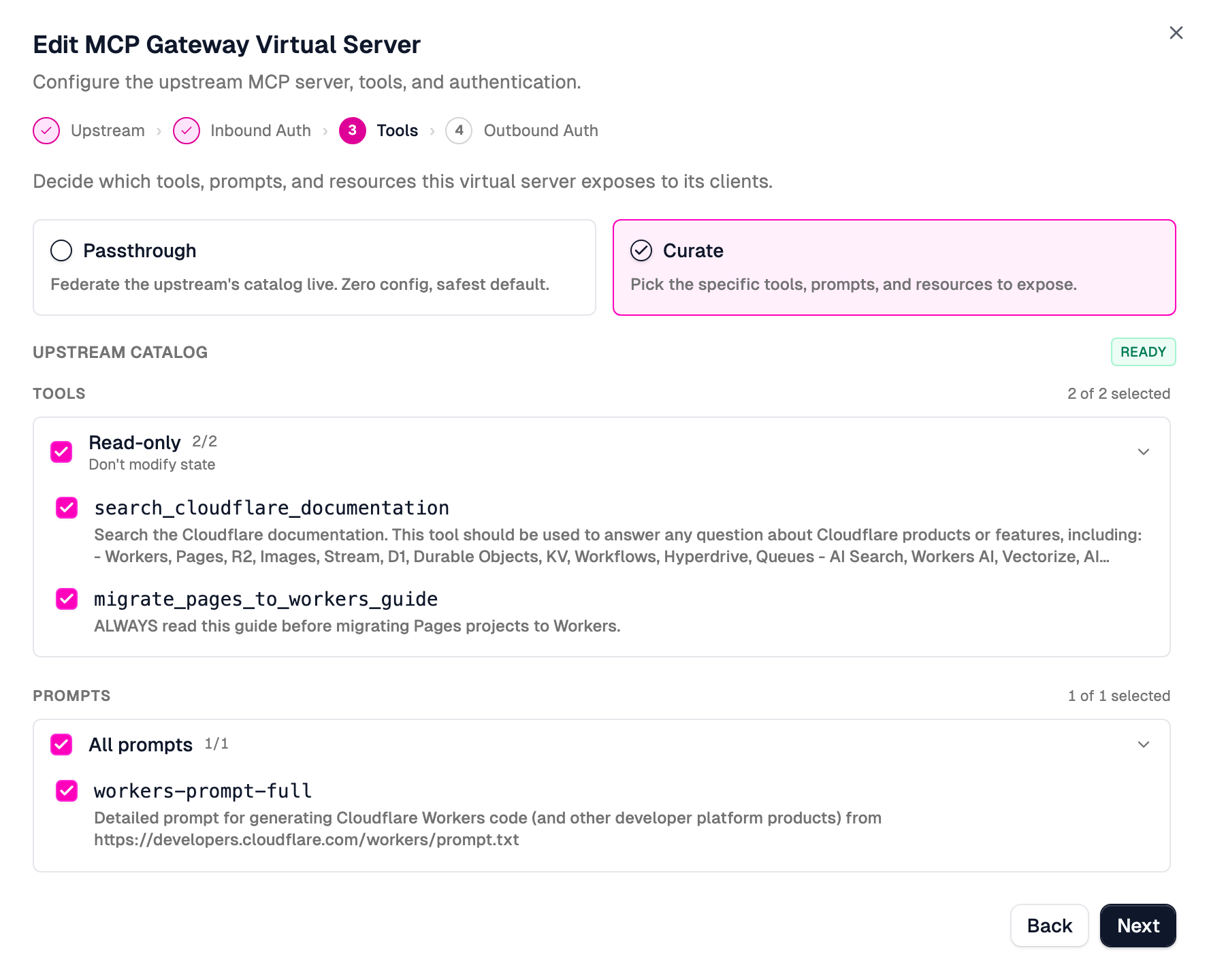 Curate the upstream catalog by selecting tools to expose