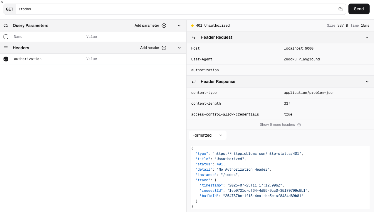 The developer portal API playground showing a 401 unauthorized request