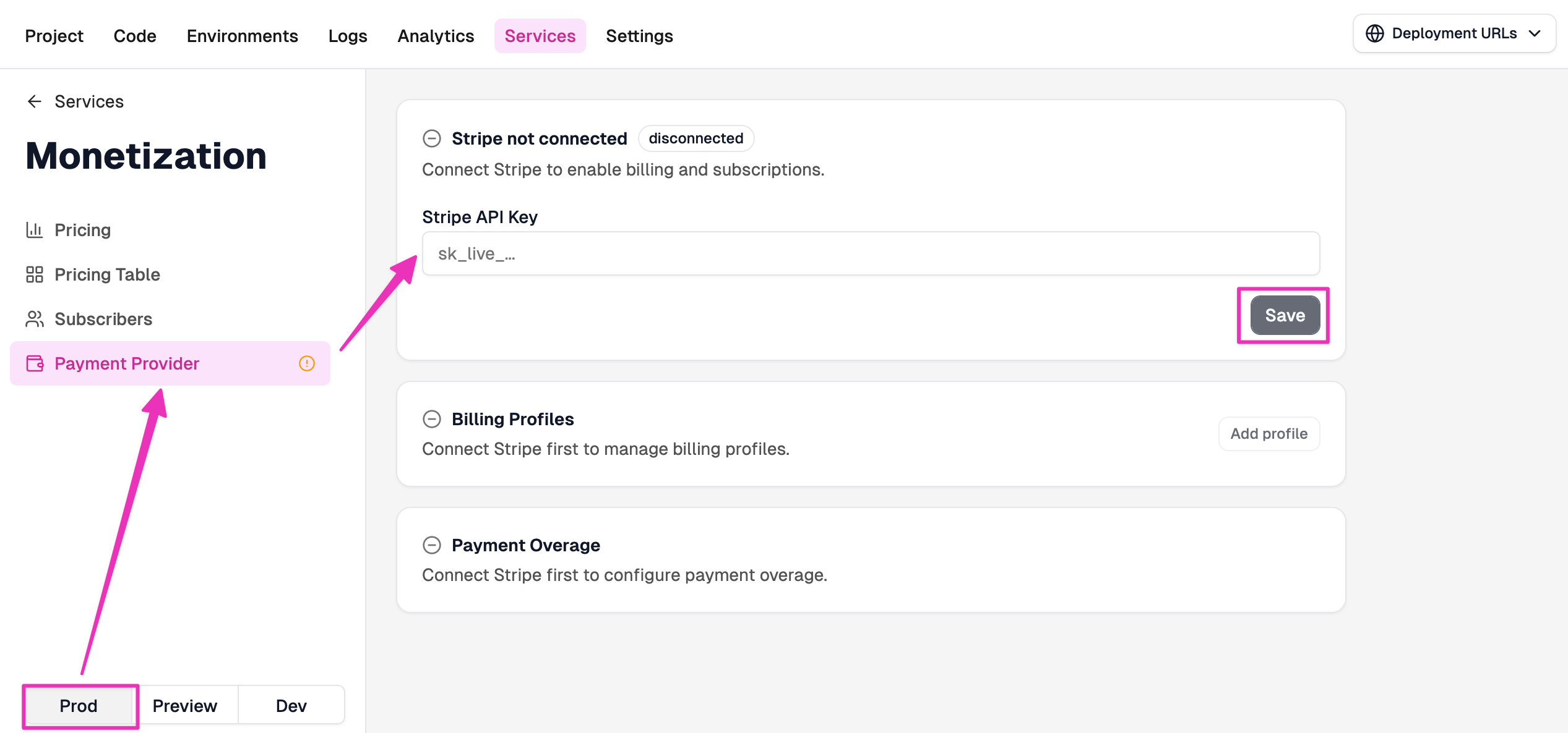 Zuplo Portal Monetization Service with the Prod environment selected and the Payment Provider tab open, showing the disconnected Stripe card, Stripe API Key field with Save button, Billing Profiles, and Payment Overage sections