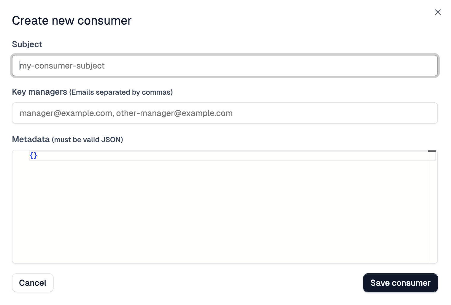 Create new consumer modal showing Subject, Key managers, and Metadata fields plus the Save consumer button