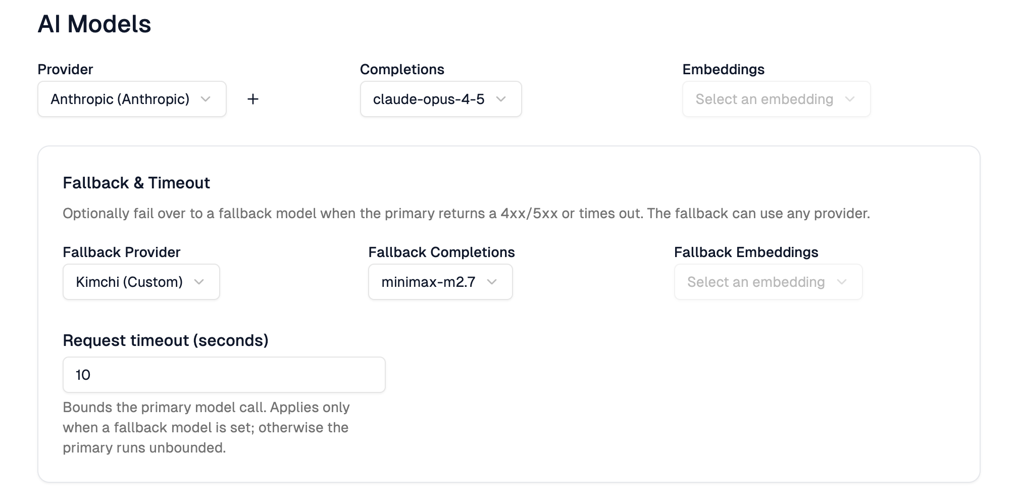 The Fallback & Timeout section of the app Settings tab, showing the Fallback Provider, Fallback Completions, Fallback Embeddings, and Request timeout fields