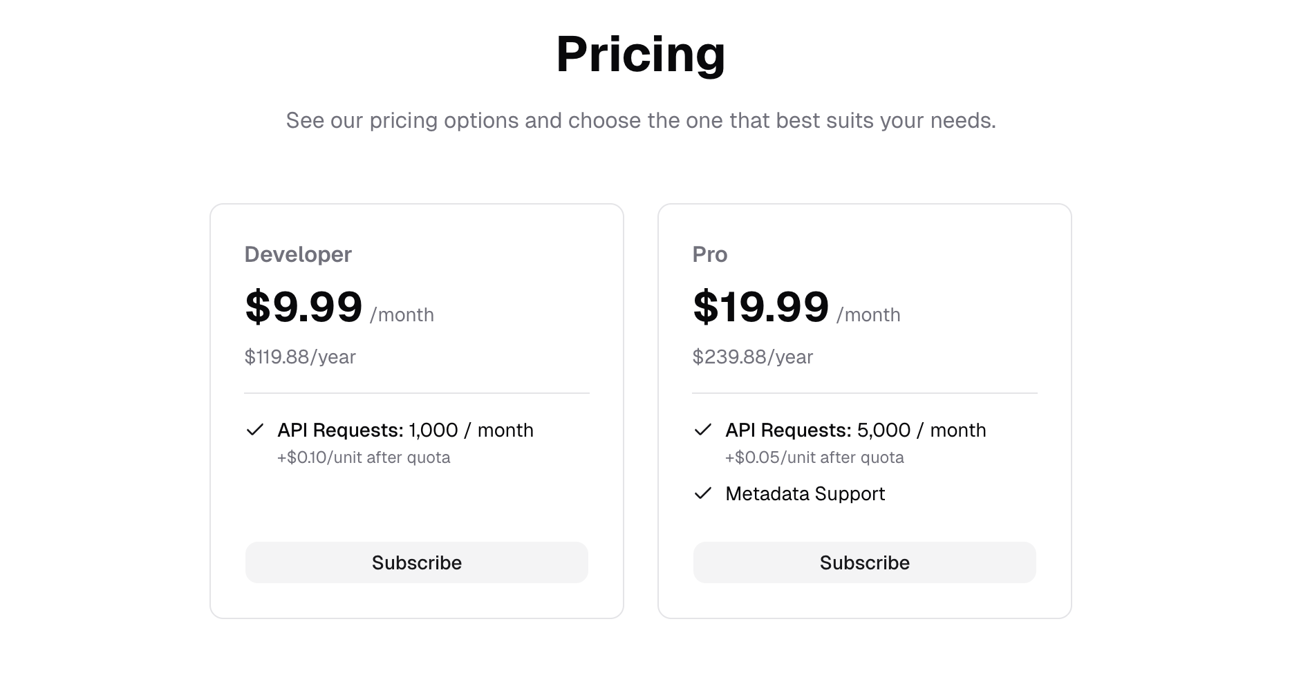The final pricing table that this quickstart creates