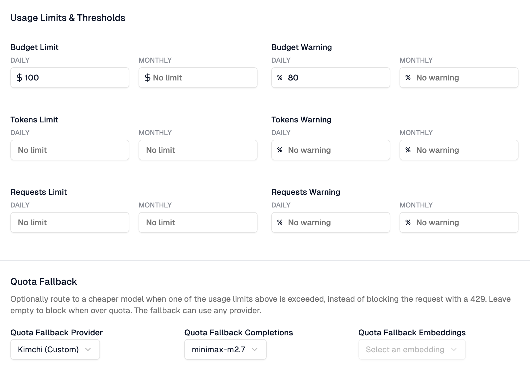 The Quota Fallback section of the app Settings tab, below Usage Limits & Thresholds, showing the Quota Fallback Provider, Quota Fallback Completions, and Quota Fallback Embeddings fields