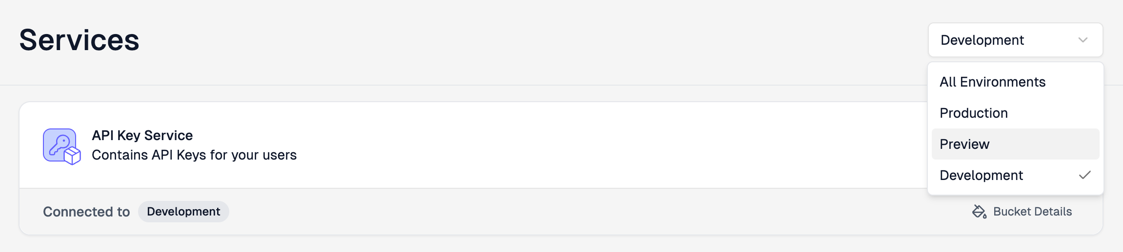 Services page with the environment dropdown open, showing All Environments, Production, Preview, and Development options