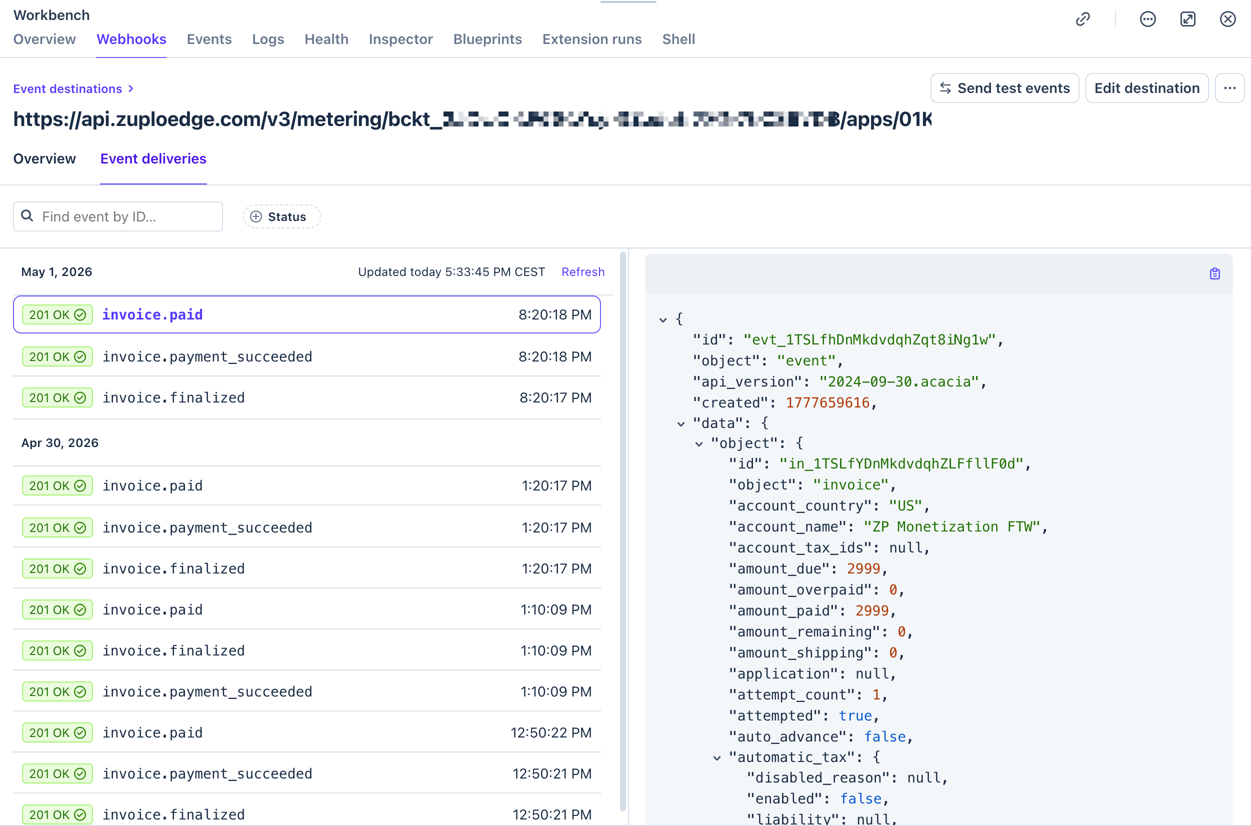 Stripe Dashboard Webhooks workbench showing event deliveries to the Zuplo metering endpoint with consecutive 201 OK responses for invoice.paid, invoice.payment_succeeded, and invoice.finalized events
