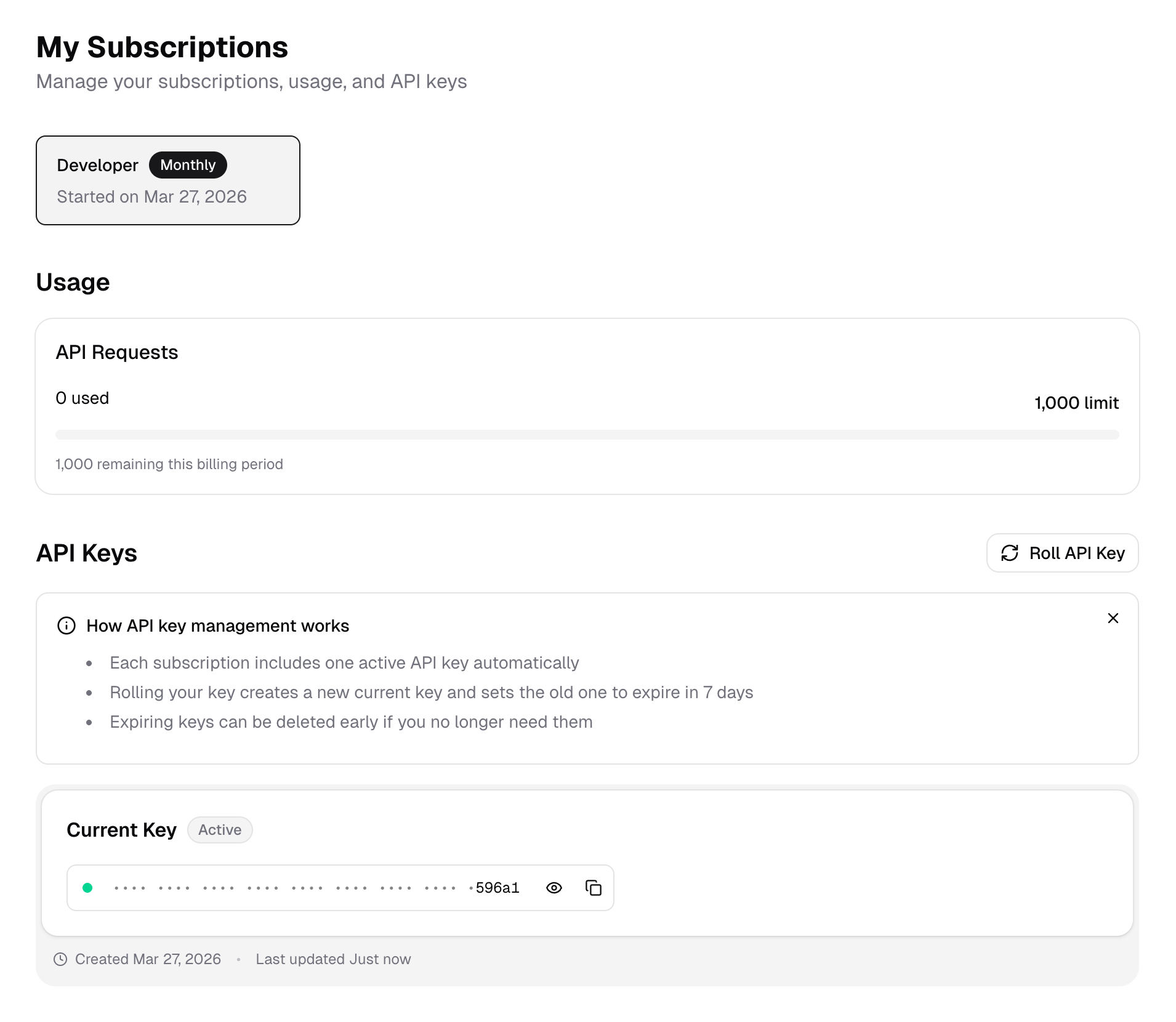 The subscription page in the Developer Portal
