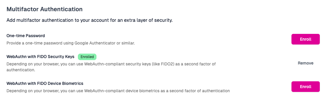 Zuplo Multifactor Authentication settings screen showing three MFA options: One-time Password, WebAuthn with FIDO Security Keys (enrolled), and WebAuthn with FIDO Device Biometrics. Each option has an Enroll or Remove button.