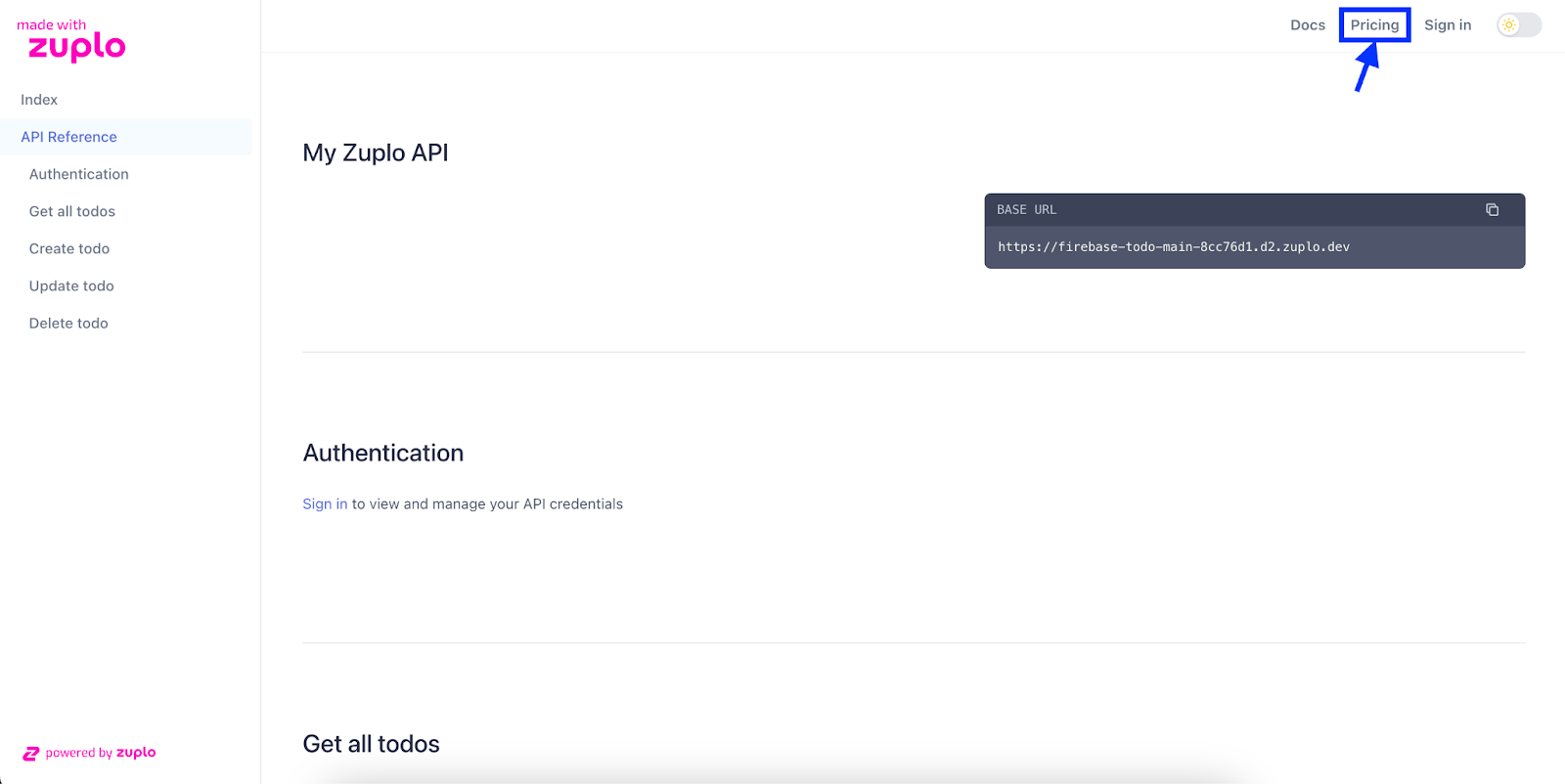 Navigating to the Zuplo pricing table