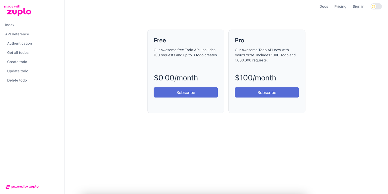 Zuplo pricing table