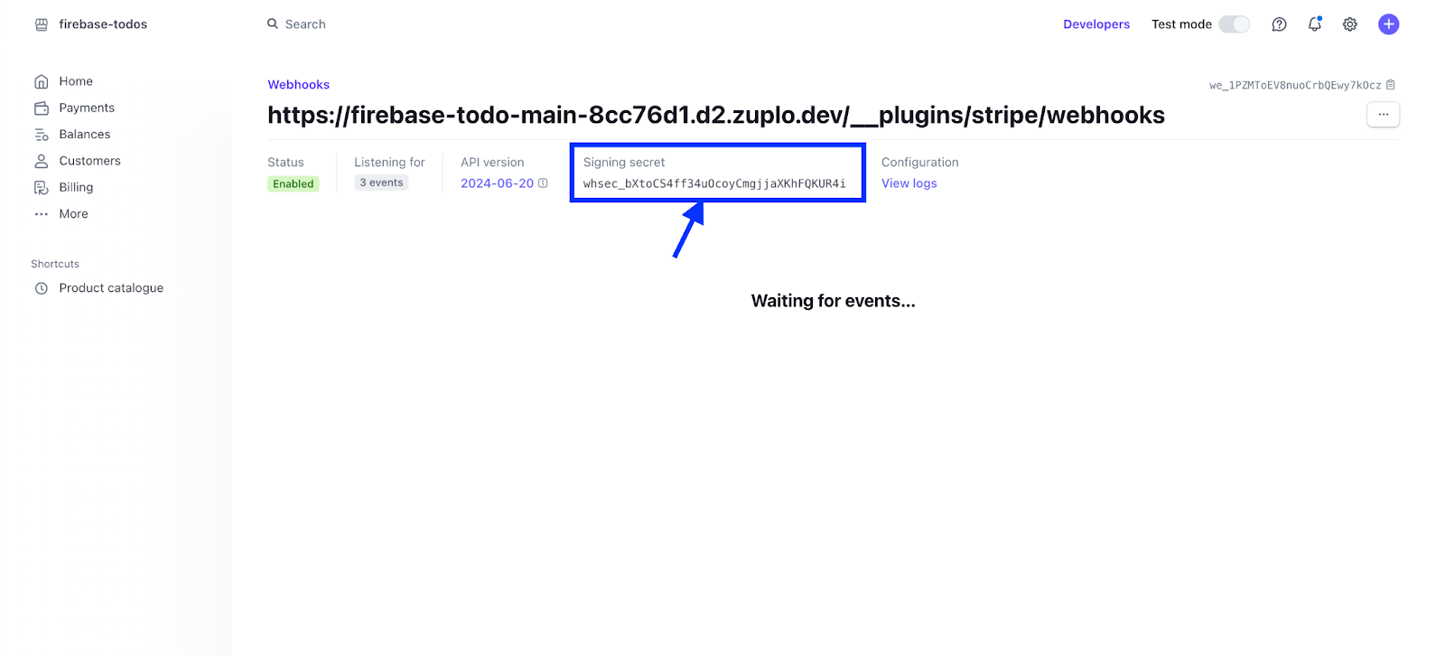 Stripe webhook signing secret