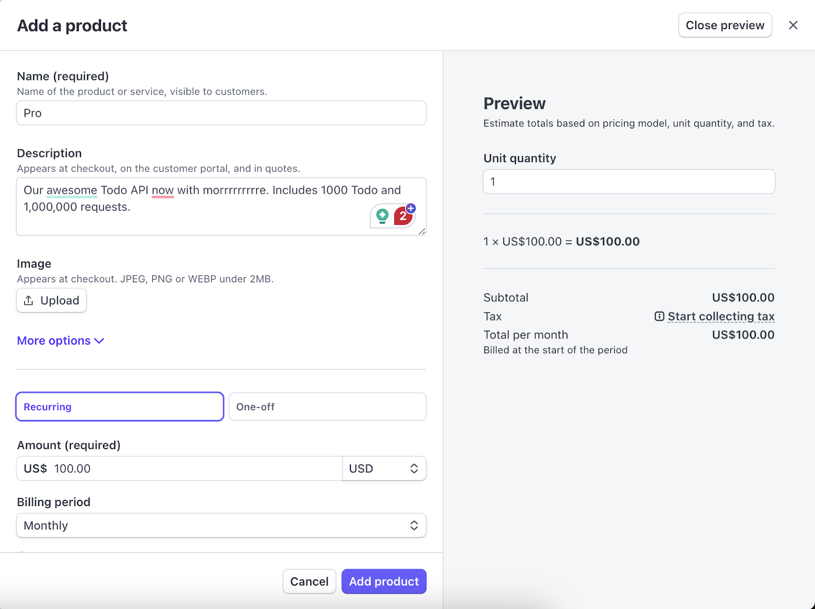 Stripe product configuration