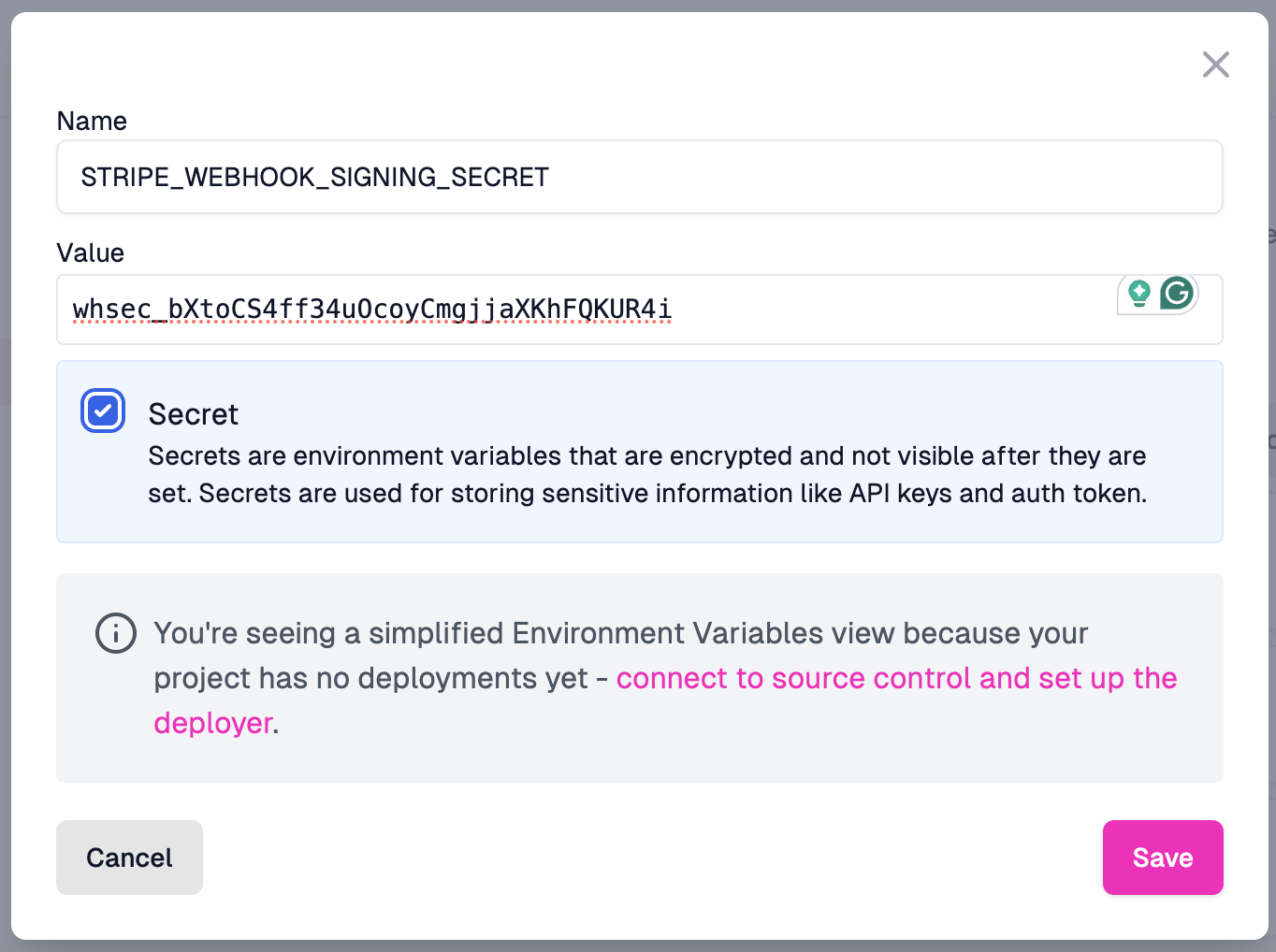 Environment variable for signing secret