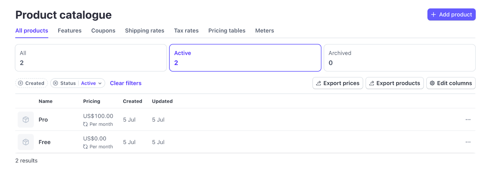 Stripe product catalog