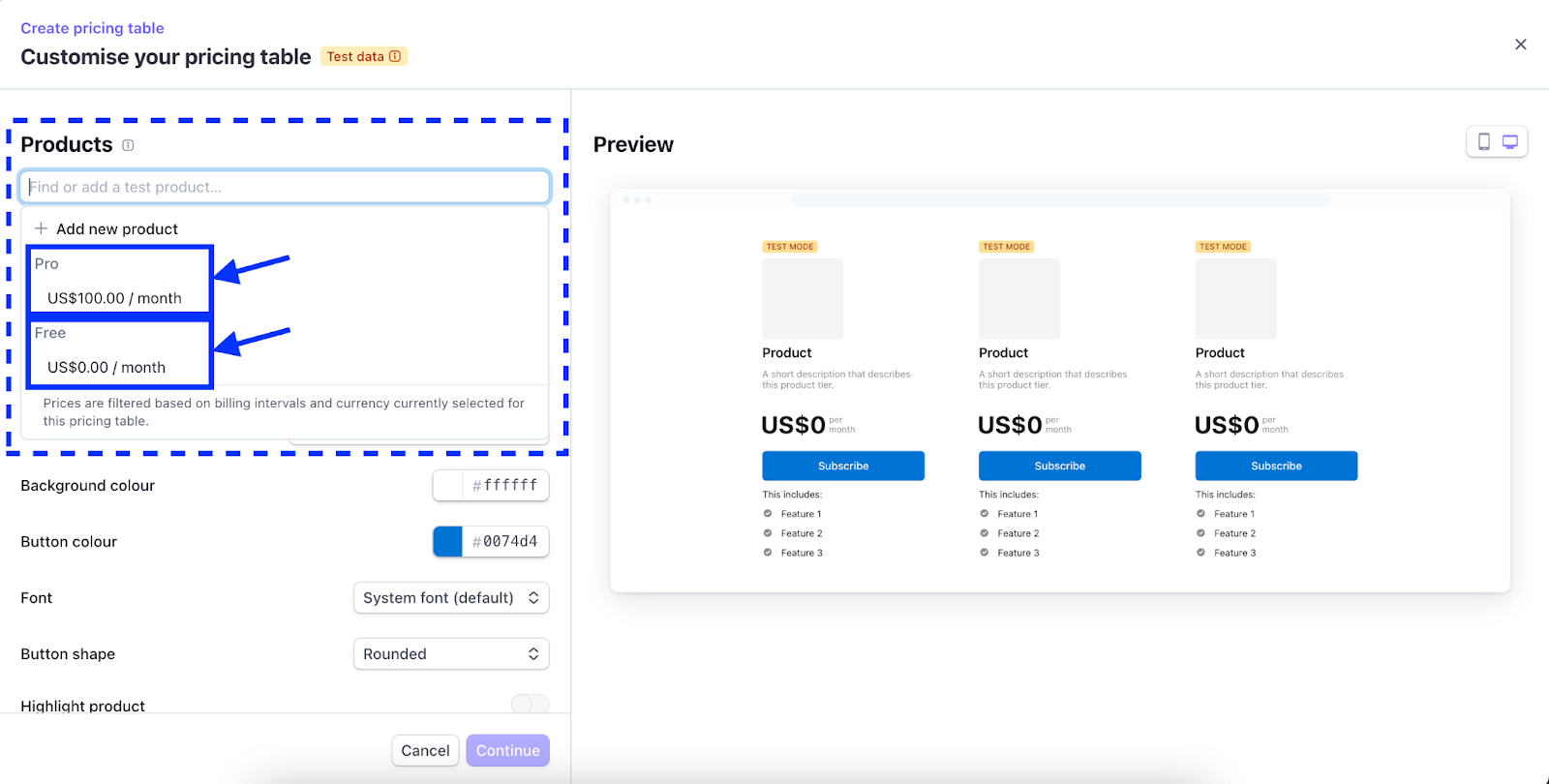 Stripe pricing table customization