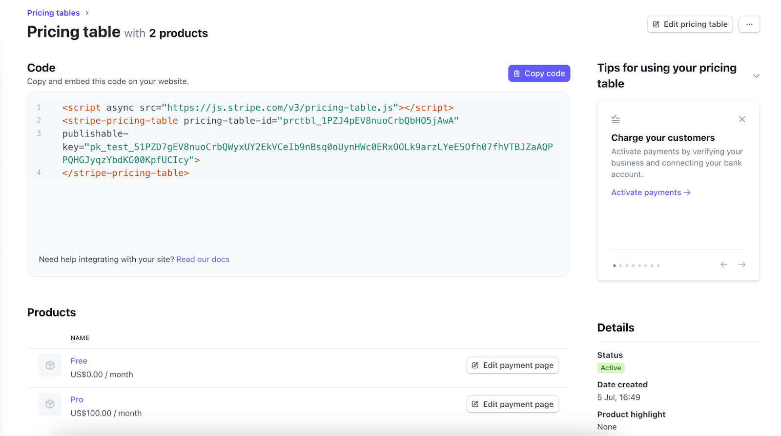 Stripe pricing table code