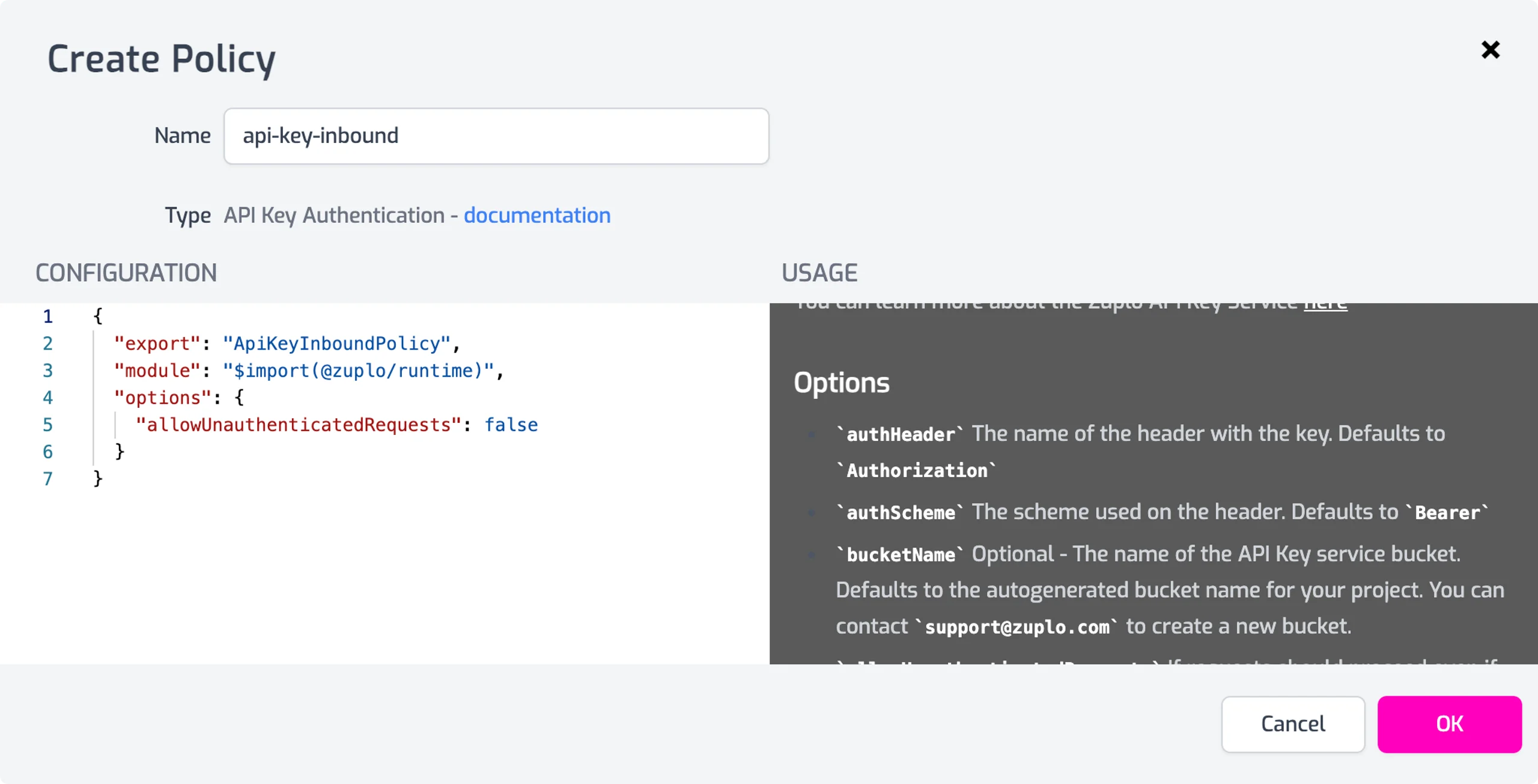 Zuplo API key inbound policy configuration screen