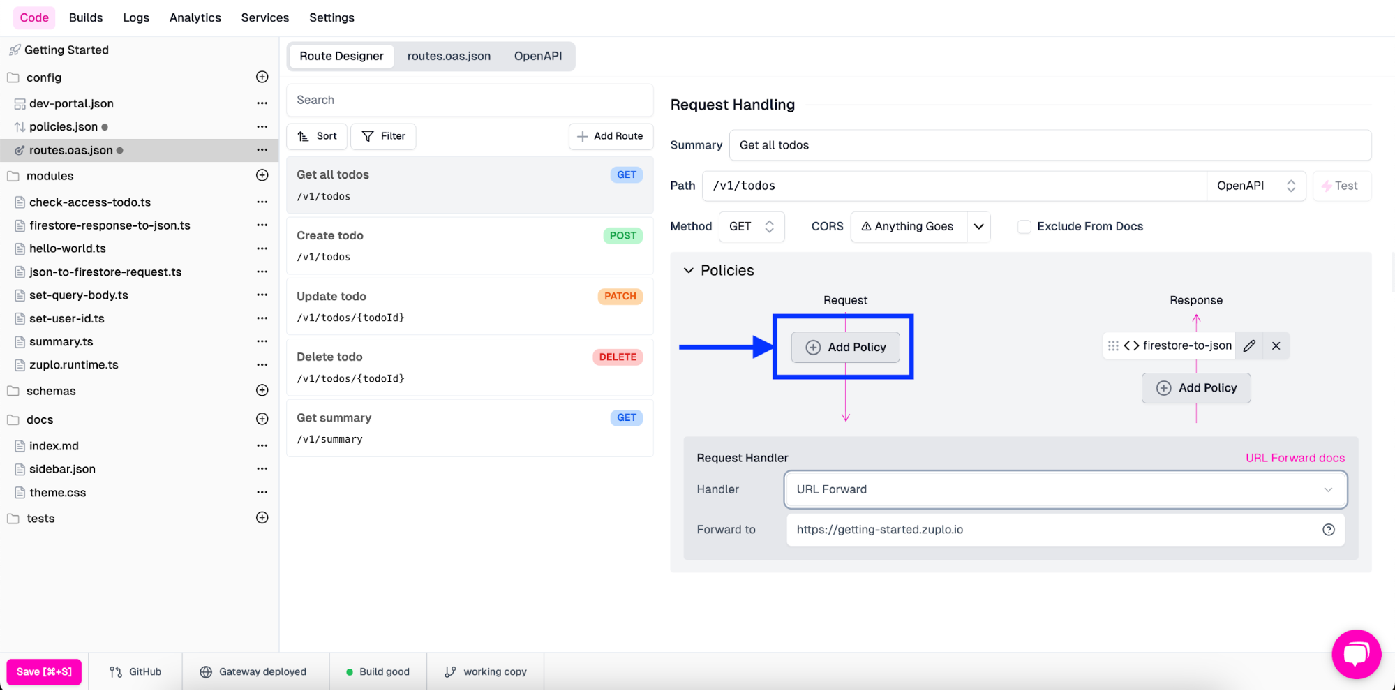 Add Policy button on routes.oas screen