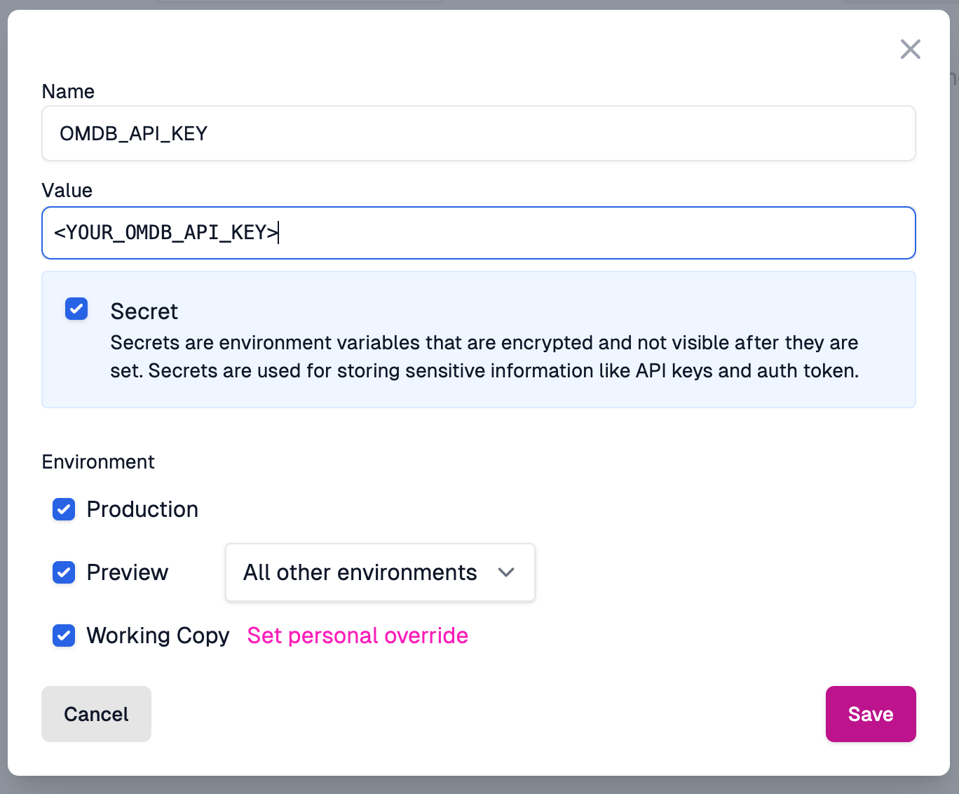 OMDB API key environment variable