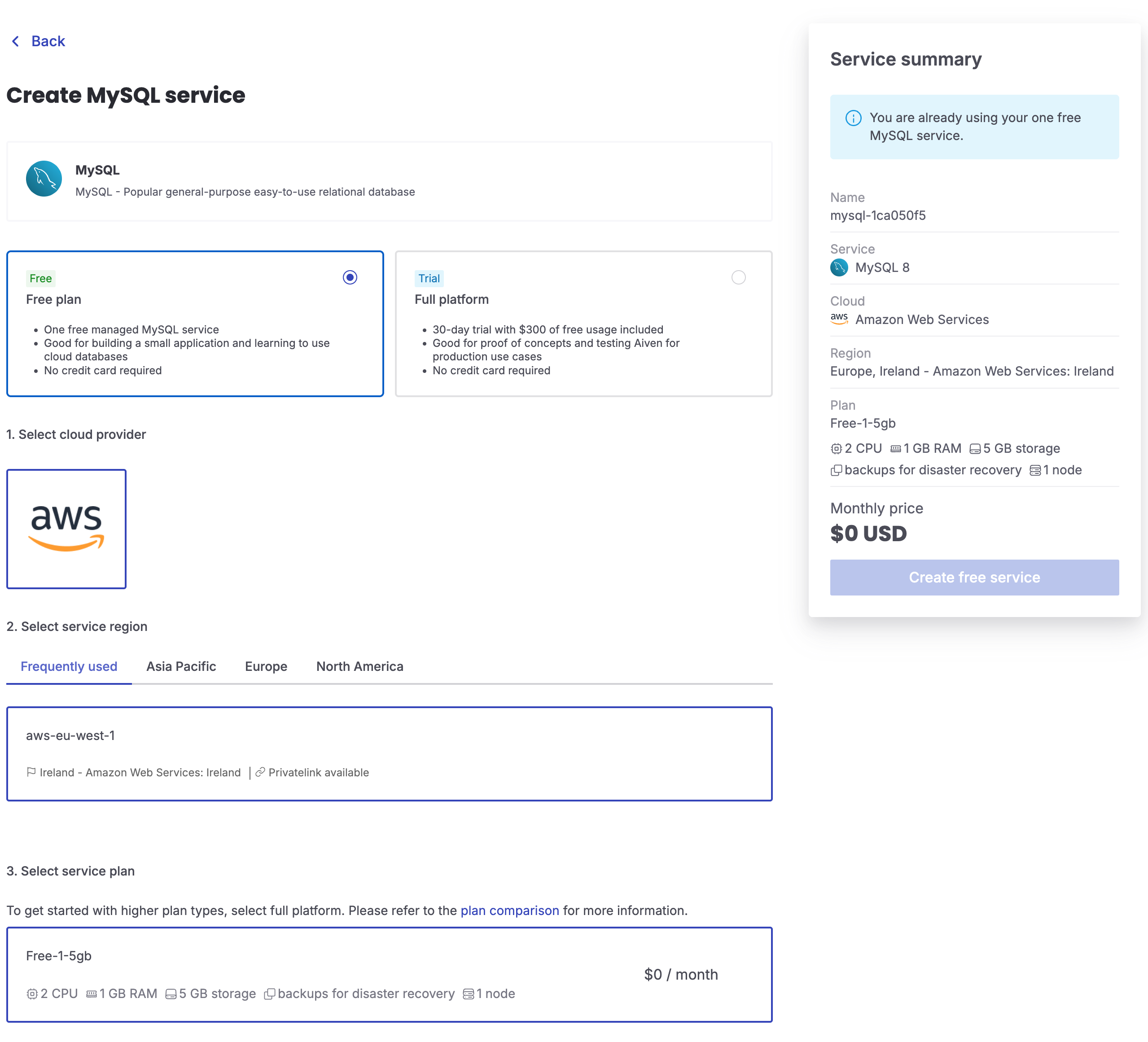 Aiven create mysql