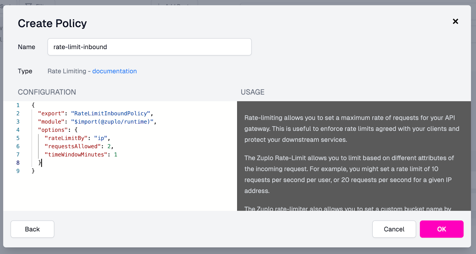 Create rate limit policy