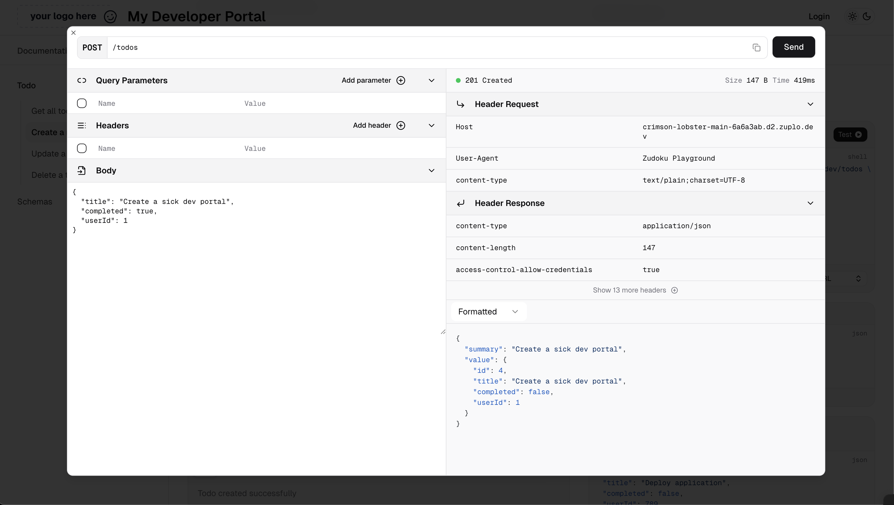 The API Playground in the Zuplo Developer Portal