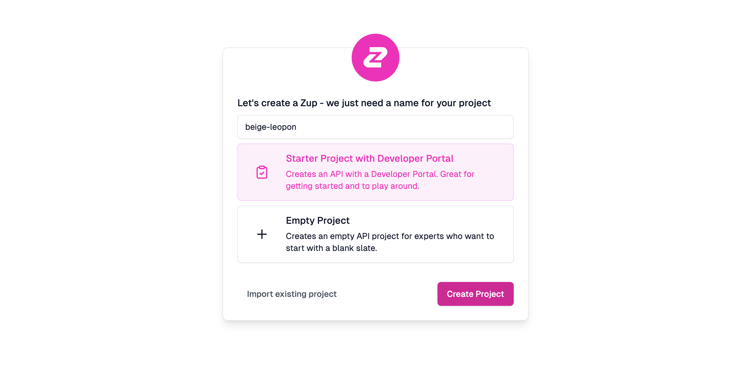 The project picker in Zuplo with an example option