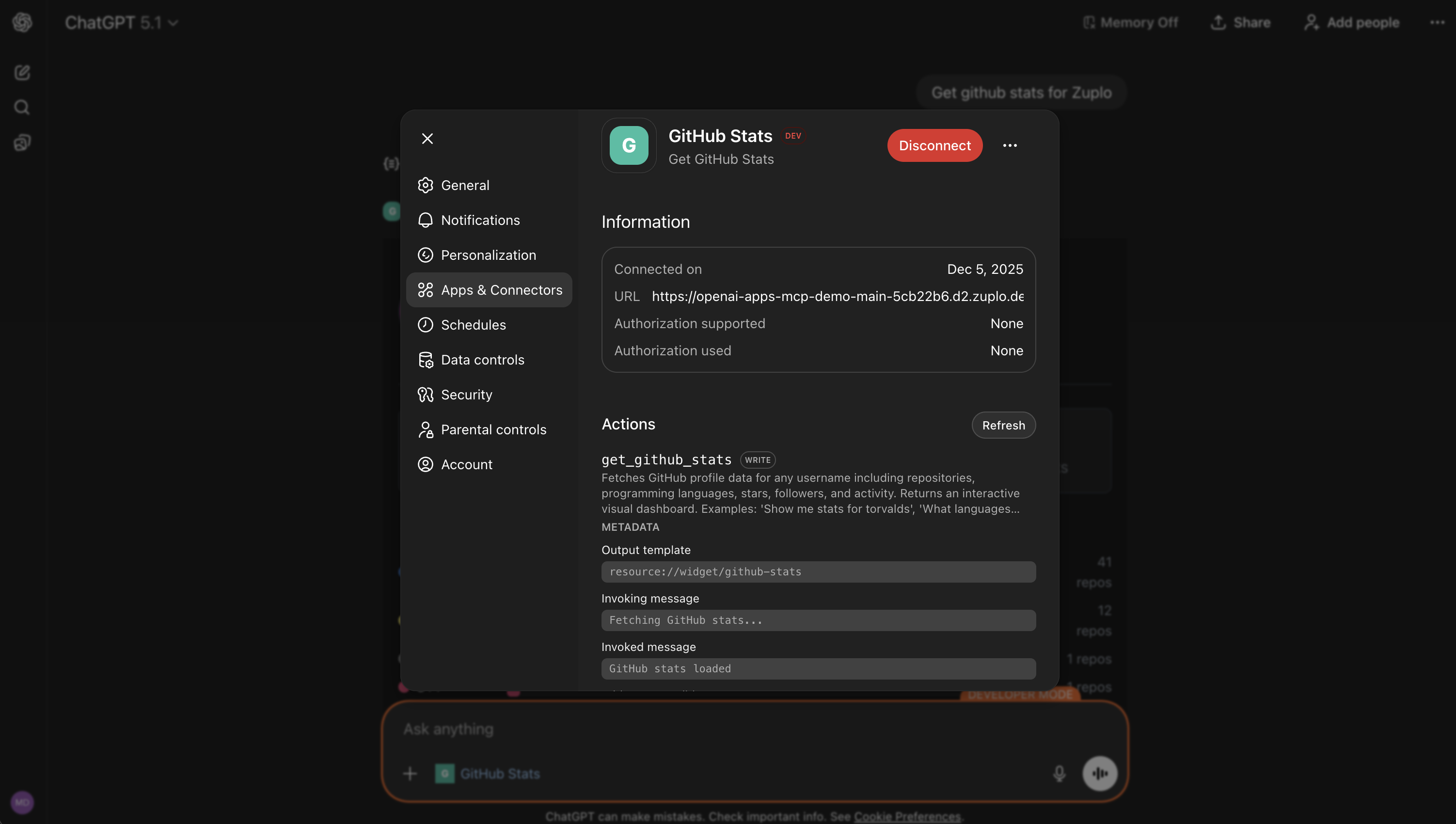 The settings for the app in ChatGPT