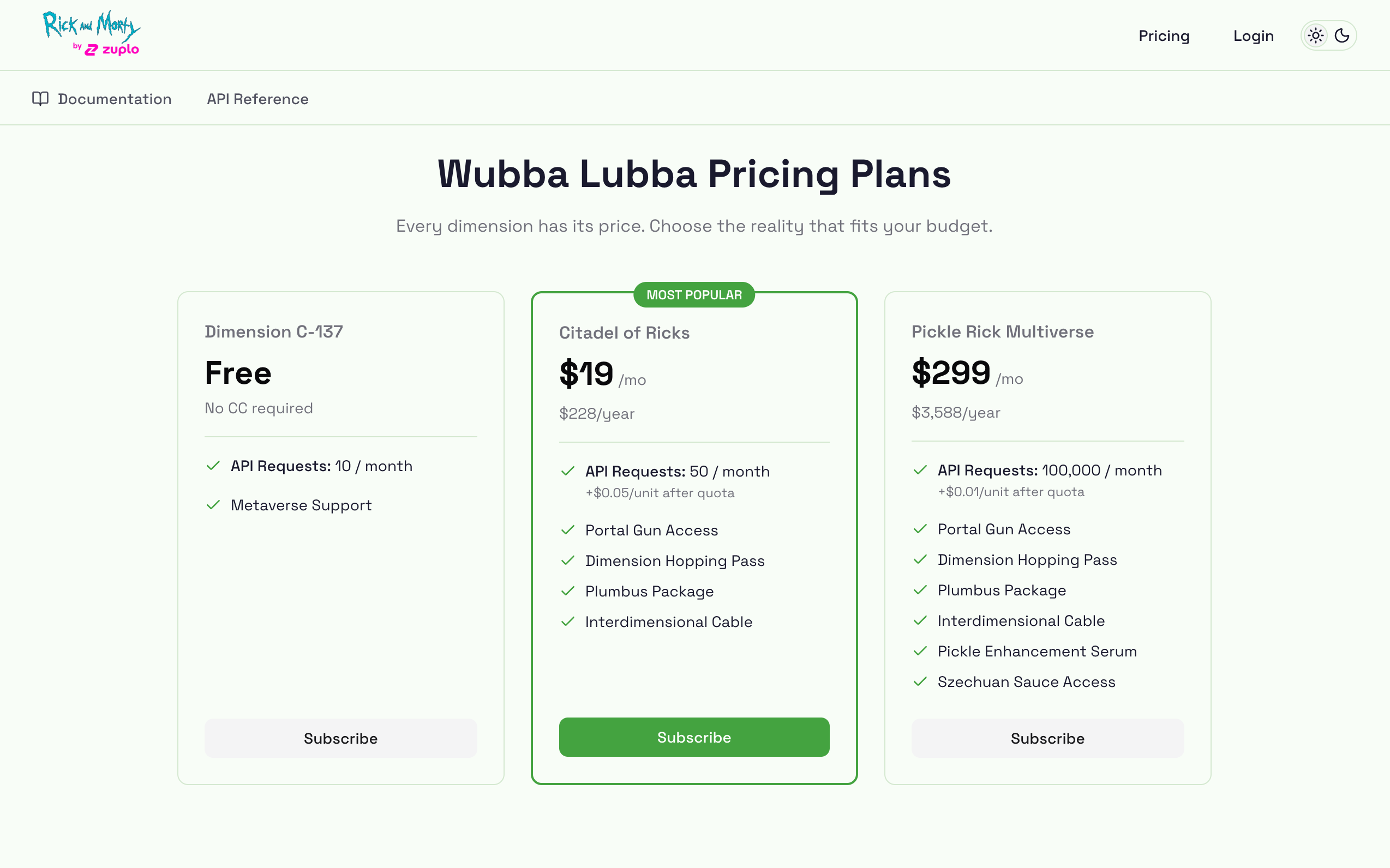 Rick and Morty demo, Developer Portal showing plan and usage